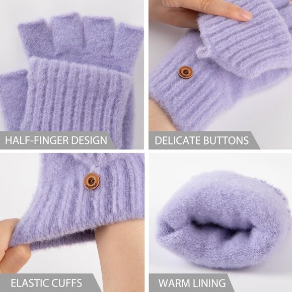 Women's Winter Warm Mittens Knitted Purple Gloves Fingerless Button Closure - Picture 3 of 7